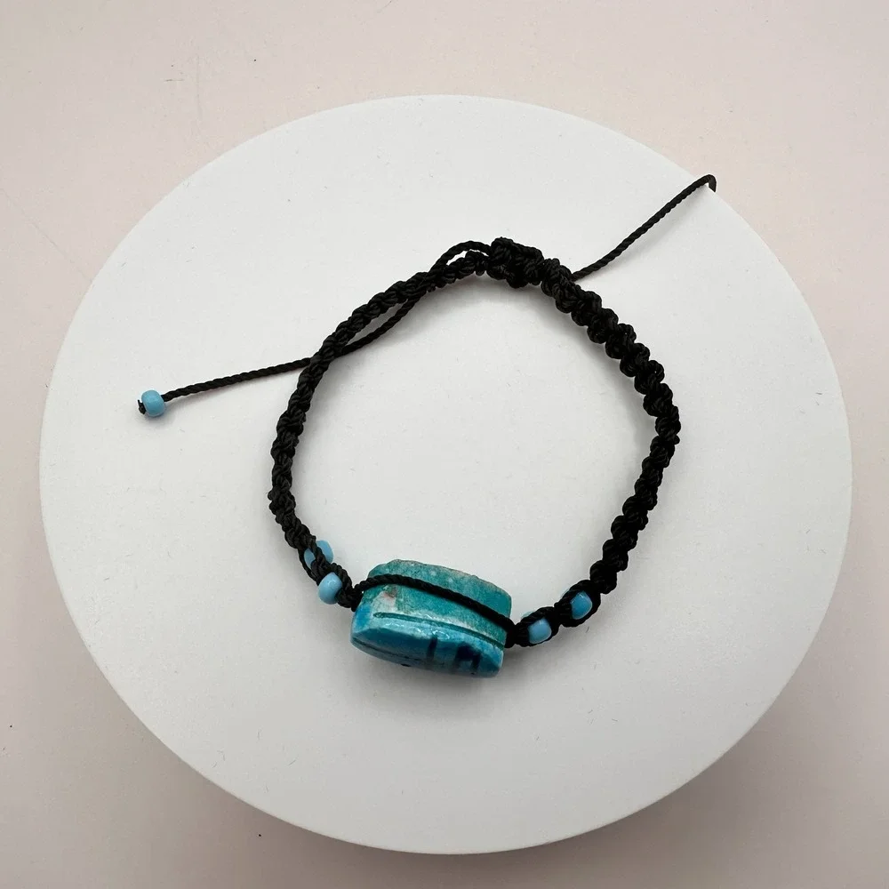 Vintage 90s Egyptian Scarab Bracelet Blue Glass Stone Braided Cord Boho Jewelry